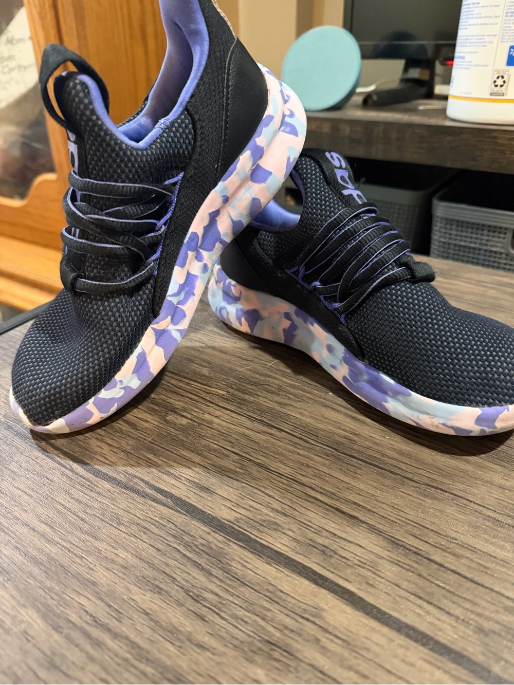 adidas Kids Black Sneakers with Purple and Pink Camouflage Sole